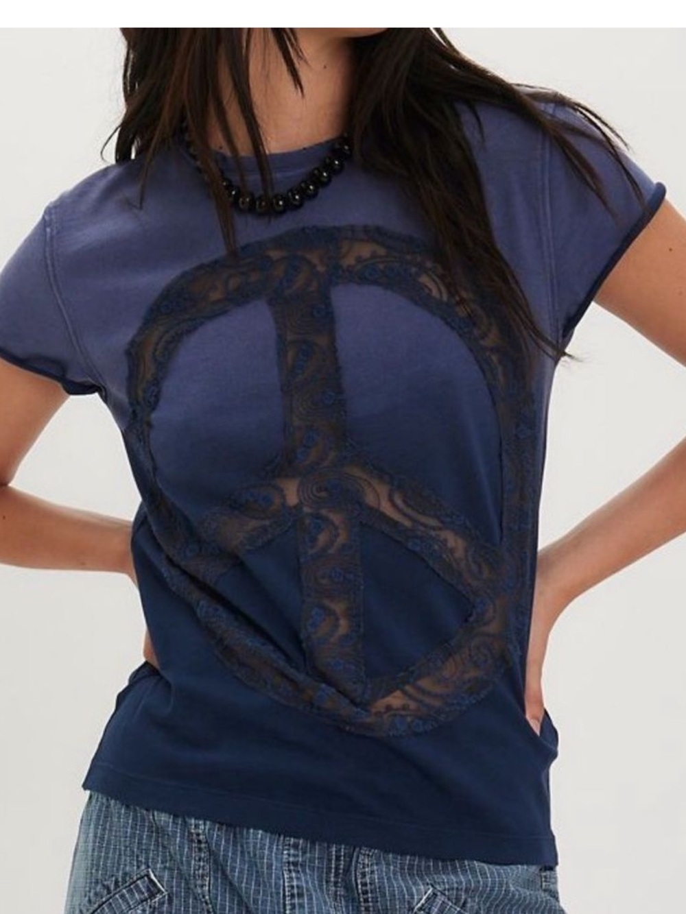 Tricia Fix Peace Sign Ombré Tee Lace Detail NWT